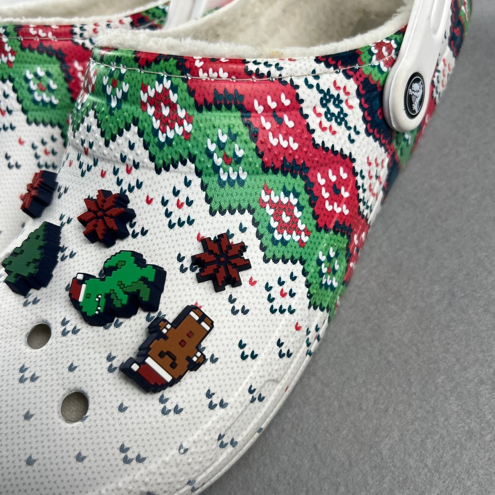 Crocs Classic Lined Clog Mens 13 White Fair Isle Holiday Christmas Pixel Jibbitz - Picture 10 of 16